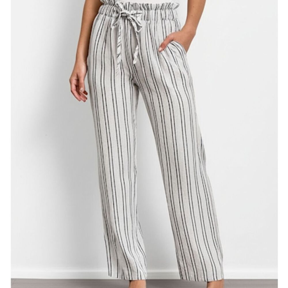 NEW Thread & Supply White & Navy Micro Stripe Linen Blend Paperbag Tie Pants XS